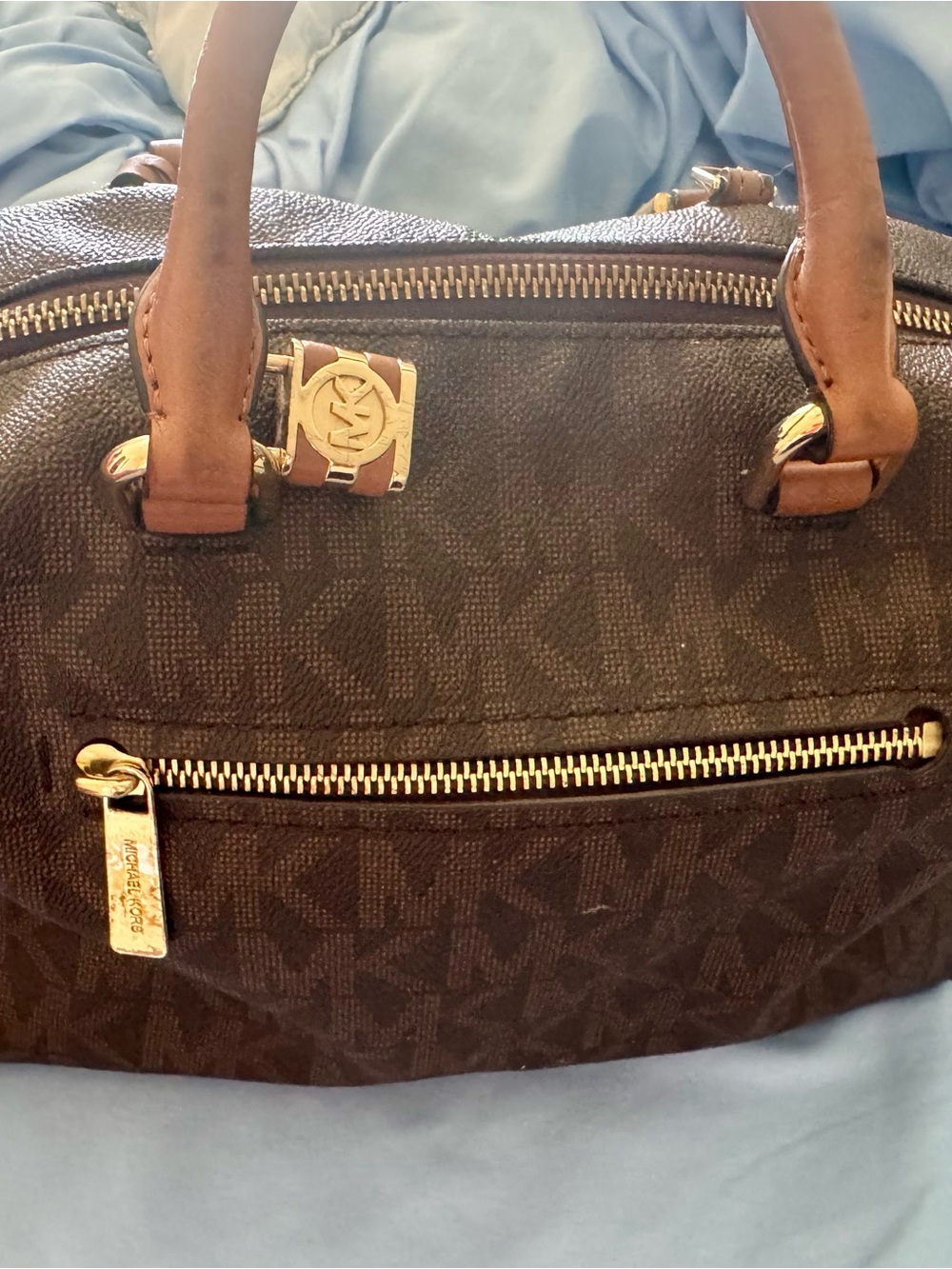 Michael Kors Brown MK Logo Duffel with Tan Handles and Gold Hardware - Picture 4 of 11
